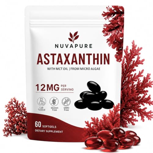 Heniqut NuvaPure Astaxanthin 12mg with MCT Oil Antioxidants Supplement Supports for Eye &Joint & Skin Health 60 Softgels