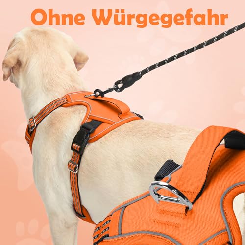 Funfox Hundegeschirr Mittelgroße Hunde [L] - Verstellbares Anti-Zug Brustgeschirr mit Griff & Reflektorstreifen, Atmungsaktives No Pull Hundegeschirr für Grosse/Kleine Hunde Outdoor Orange