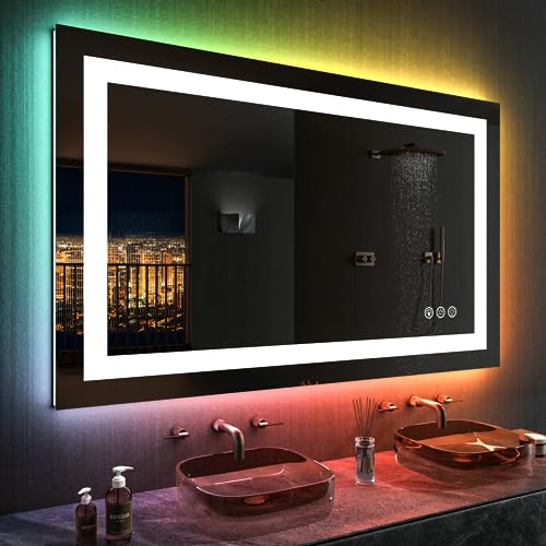 LOAAO 48"X28" LED Bathroom Mirror with Lights, Anti-Fog, Dimmable, RGB Backlit + Front Lighted, Bathroom Vanity Mirror for Wall, Memory Function