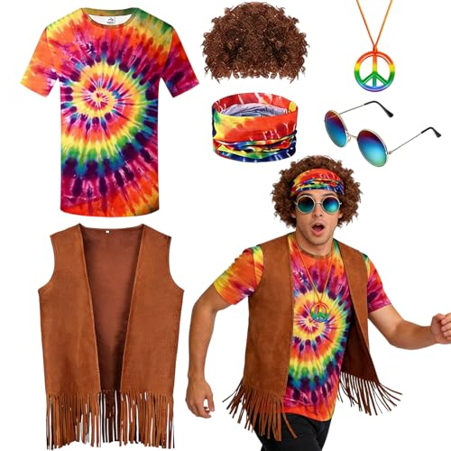 Deguisement Hippie Homme Femme, Déguisement Hippie Année 60 70 80, avec Hippie T Shirt+Gilet brun sans manches+Perruque+Lunettes+ Collier +Bandeau, Idéal...