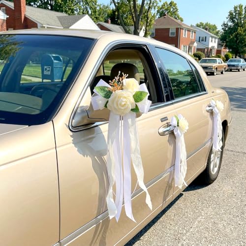 Image of 4PCS Wedding Car Door Handle Decorative Flowers, White Artificial Cars Bouquet Flower Bowknot Ribbon Decor, Just Married Automotive Decorations Accessories for Door Handles
