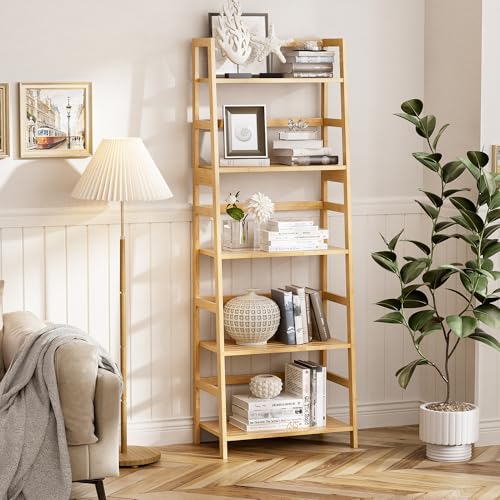 Ladder Shelf, 5-Tier Bookshelf, All Bamboo Heavy Duty Bookcase, Freestanding Open Wood Storage Rack, Modern Corner Display Plant Stand for Living Room, Home Office, Bathroom, Bedroom, Natural - Image 3