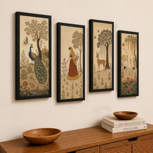 Image of Paintingmantra Traditional Indian Heritage Framed Wall Art Painting For Living Room | Peacock, Deer, Woman Artwork Poster with Frame for Wall, Decoration item for Bedroom, Set of 4, Size 9.5x19.5 Inch