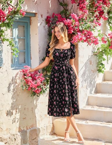 Image of Scarlet Darkness Women's Floral Corset Dress with Split 2026 Summer Spring Square Neck Midi Milkmaid Dresses