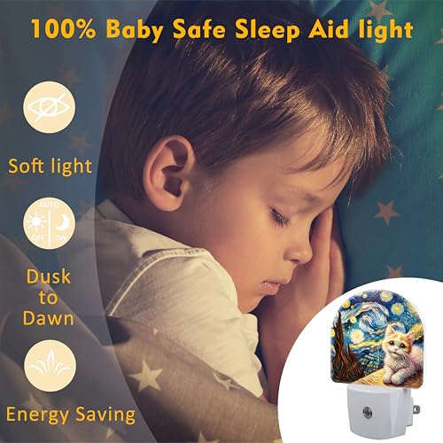 Image of Starry Night and Cute Cat Night Light for Kids, Abstract Oil Painting Plug in Night Light with Dusk to Dawn Sensor, 0.5w Energy Saving Nightlight for Hallway Stairway Kitchen Bedroom