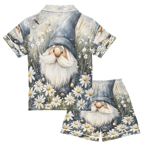 ALAZA Gnome Daisy Blossom Dragonfly Satin Pajamas Set Short Sleeve Button Down Sleepwear Summer Pjs 2 Piece2