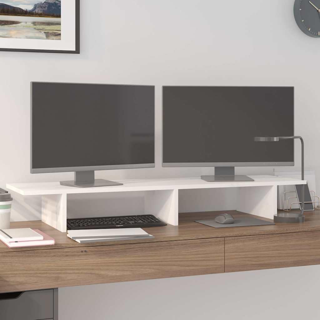 Supporto per monitor bianco in legno di pino massiccio, 100 x 27 x 15 cm, con spazio per la casa e l'ufficio, supporto da scrivania per sollevare il monitor, ripiano e gestione dei cavi