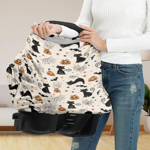 Image of Carseat Covers Baby Girl Essential - Car Halloween Decor Cat Breastfeeding Cover Carseat Canopy Cover, Cobweb Pumpkin Infant Stroller Covers for Boys and Girls