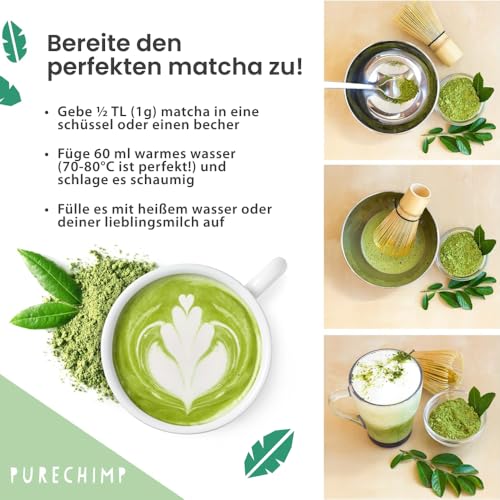 PureChimp Ceremonial Matcha 100 g. 100% reines Tee Pulver aus Schattenanbau für Latte, Aufgüsse & Rezepte. Kompostierbarer Beutel. Reich an Antioxidantien.