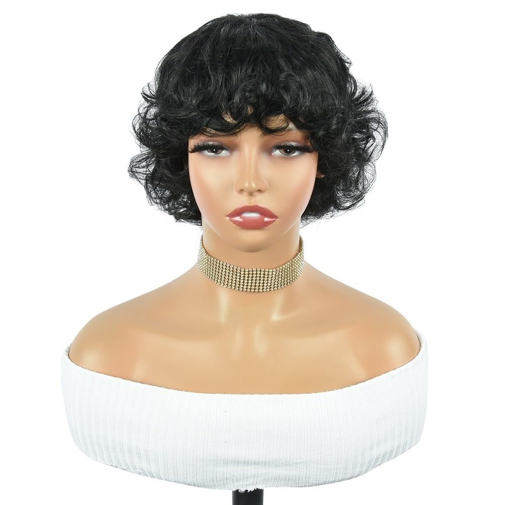 xiuling4568 Short Curly Human Hair Wig with Bangs, 6 Inch Glueless Wigs for Women 100 gram Hairs Extensions(1#)