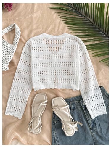 GORGLITTER Girl's Tie Front Crochet Cardigan Hollow Out Long Sleeve Crop Sweater Knit Cover Up Top2