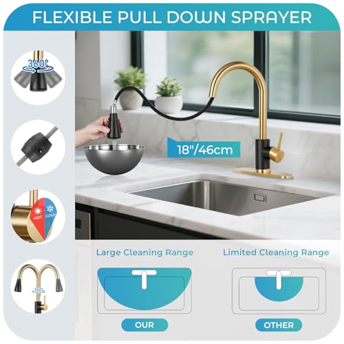 Image of Kitchen Faucet with Pull Down Sprayer - Black & Gold Single Handle Kitchen Faucets, High Arc Stainless Steel Pull Out Kitchen Sink Faucet with Deck for RV Laundry Farmhouse Bar