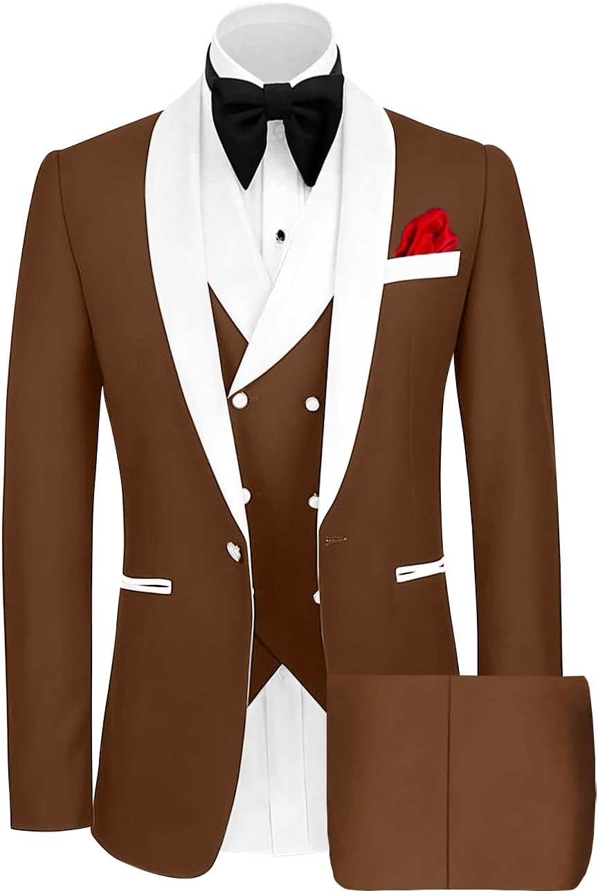 Wangyue Mens Tuxedo Suit for Men 3 Piece Suit Men Slim Fit Suits One Button Shawl Lapel Wedding Suit Tuxedos Prom Suit