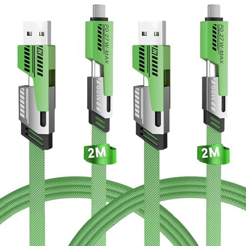 Gartmost 2Pack 4 in 1 Fast Charging Cable Transferring Data 2M Braided Cable 65W USB C USB A and IP Multiple Charging Cable Compatible with iPhone/Pad/More (Green)