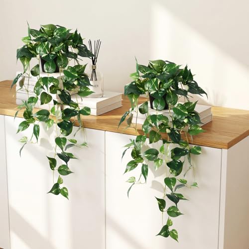 REIMUCO Artificial Hanging Plants with Pots - 33" Fake Pothos Silk Greenery for Indoor Outdoor, Realistic Faux Plants Potted for Shelves Bedroom Bathroom Trailing Plant, Dark Green 2 Pack