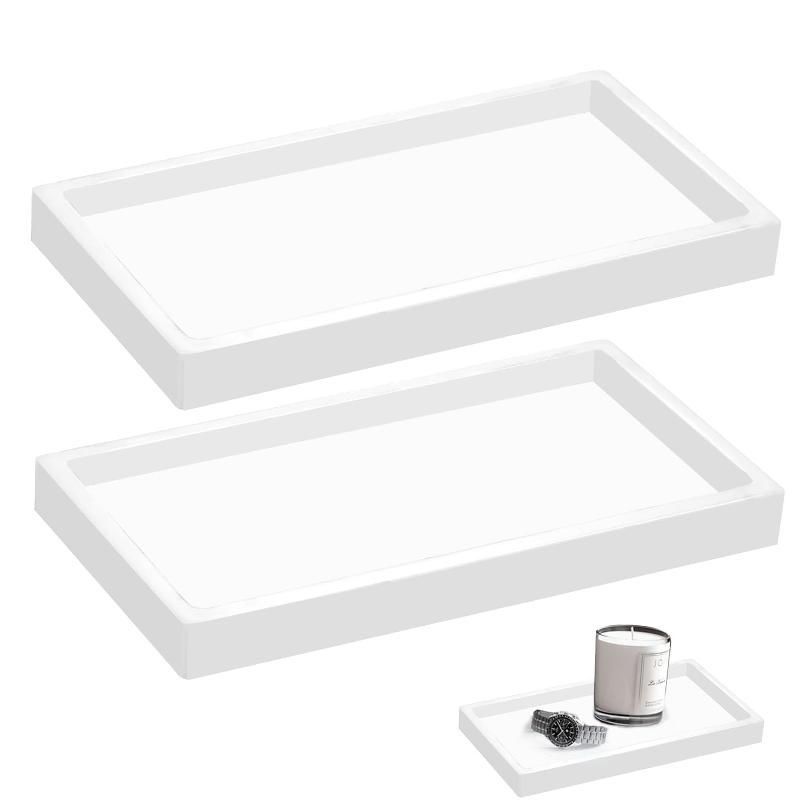 XINSUO 2 Piece Bathroom Tray, Decorative Tray Rectangular, Made of Silicone, for Kitchen and Bathroom (White, 20L*10W*2H cm)
