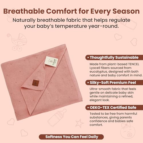 Image of Pointelle Double Layer 100% Tencel Baby Blanket - Breathable Temperature Regulating - Oeko-TEX Certified - 30x40 inch - Gift Box with Ribbon (Rose)