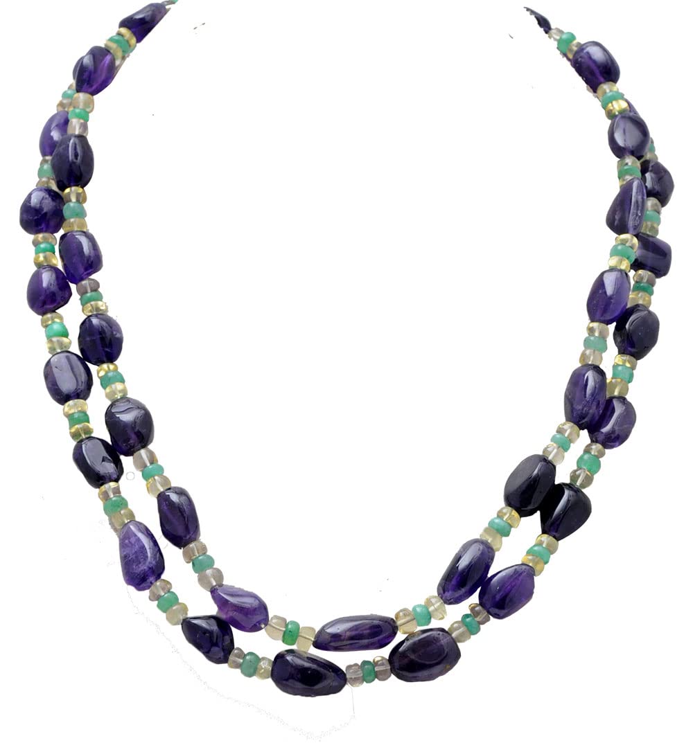 Gehna JaipurEmerald, Amethyst & Lemon Topaz Gemstone Beaded Necklace NS-1731 (Green)