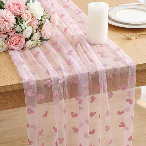 Amabro Chemin de table en tulle avec cœurs et pois - 70 x 300 cm + 40 x 140 cm - Lavable - Décoration de table pour cuisine, salon, Saint-Valentin, mariage,...