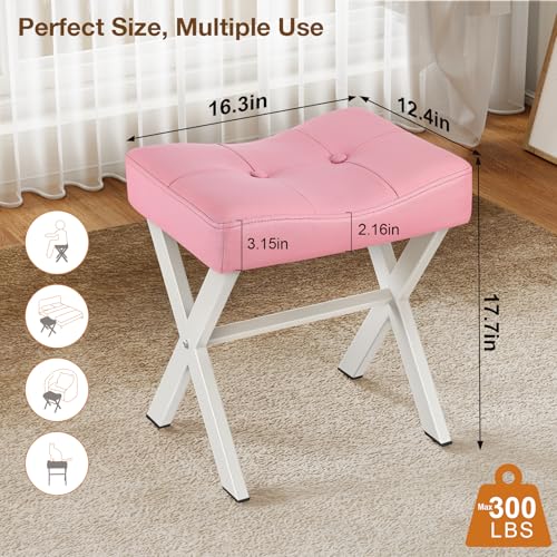 Image of Memobarco 18-Inch Leather Vanity Stool Chair, Vanity Bench with Metal X-Leg, Ottoman Accent Stool with Thick Padded Saddle Seat, Pink