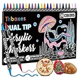 Thboxes 24 Farben Acrylstifte, Wasserfest Acrylmarker mit Doppelspitze Filzstifte Rundspitze Marker Stifte für Papier Glas Holz Steine Keramik Leinwand Kinder Erwachsene