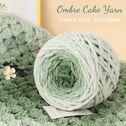 Image of Katech Ombre Cnenille Yarn for Crocheting-2 Pcs of 285g /10oz-6 Super Bulky | Fluffy Velvet Blanket Yarn for Knitting, Soft Fuzzy Phasing Cake Yarns for Baby Blankets, Throw Pillow, Plushies, Hat(Forest)
