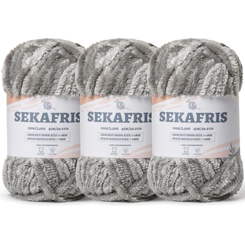 Image of Fuzzy Chunky Chenille Yarn for Crocheting,Soft Plush Yarns for Hand Knitting,Bulky 3x100g(3x49.2 yd) Baby Blanket Yarn for Crocheting Amigurumi,Crochet Fluffy Velvet Yarns (Silver Gray)