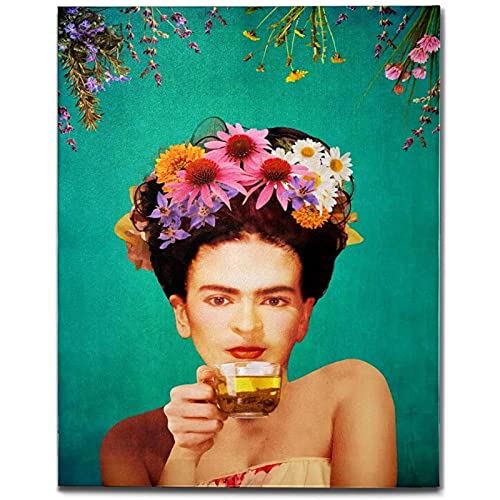 Frida Kahlo Wandkunst Leinwandbild Für Schlafzimmer Frau Mit Einer Teetasse Tee Trinken Poster Und Drucke Auf Leinwand Keine Rahmen Wandfoto Wohnkultur Leinwand Gemälde,30×45cm Cover