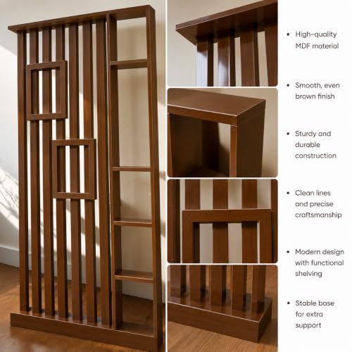 Image of Modern Wooden Room Divider with Storage Shelves | Partition for Living Room & Entryway | Decorative Display Rack with Vertical Slats ((96 x 48 x 6 Brown))