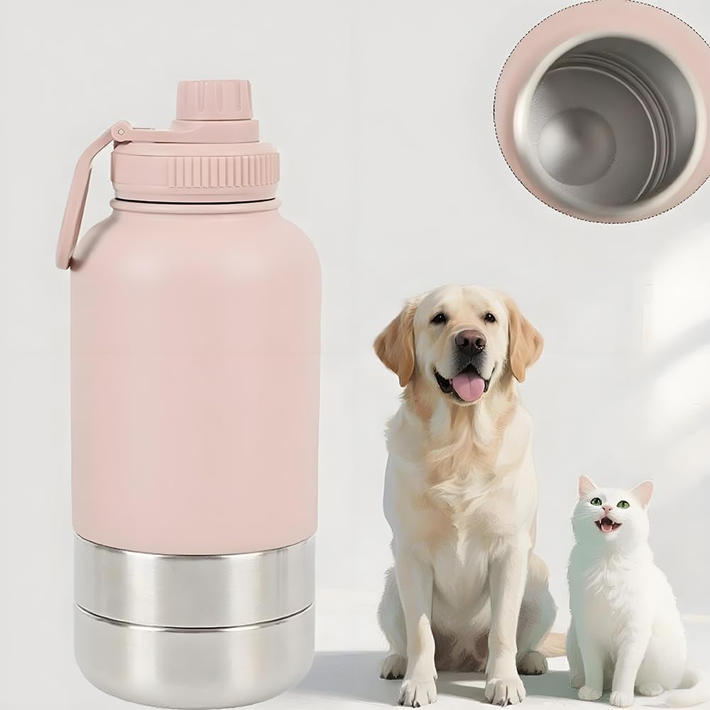 Pets Hundetrinkflasche für Unterwegs, 950ml Isolierte Edelstahl Trinkflasche Hunde mit Futterbehälter Wassernapf & Tragegriff, Tragbare Hundeflasche BPA-frei für Reise Spaziergang & Outdoor, Rosa