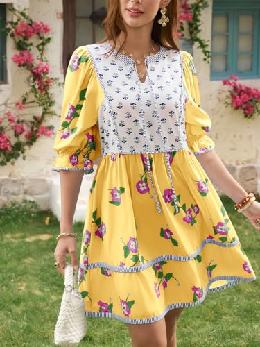 Image of Wenrine Womens Casual Floral Mini Dress Summer Patchwork Boho Shirt Dresses