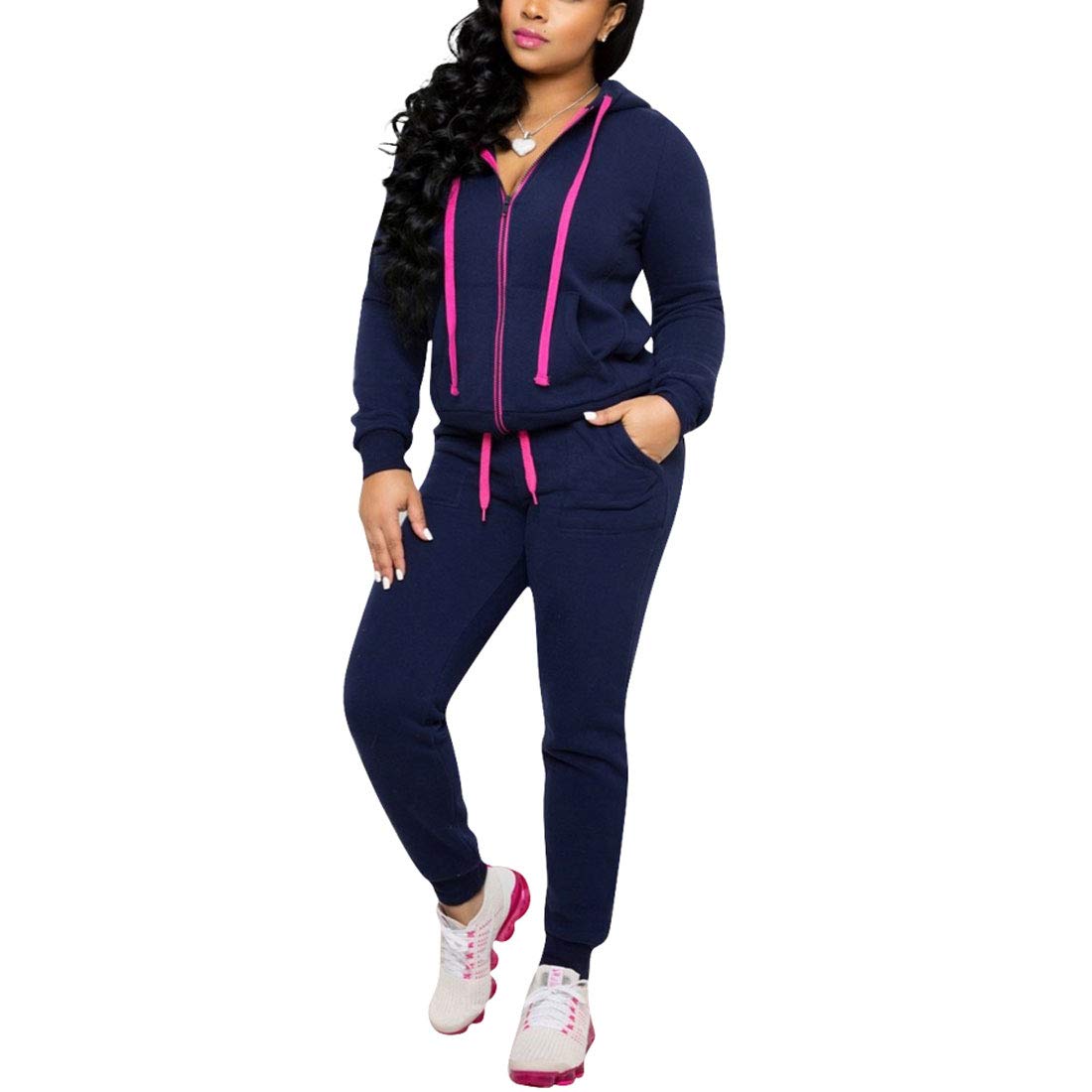 Nimsruc Conjunto deportivo de dos piezas para mujer, conjunto de pantalones de entrenamiento, casual, de manga larga, a juego, color azul oscuro, talla S