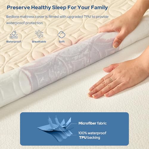 Image of BEDLORE Waterproof Mattress Protector, Queen Size Noiseless Mattress Pad with Deep Pocket 6 inch-18 inch Depth, Soft Breathable Bed Mattress Cover Washable for Home, Bedroom, Hotel (Beige)