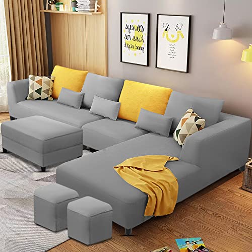 Image of Galib RHS 8 Seater L Shape Sofa Set with Ottoman & 2 Puffy for Living Room (Grey) Premium Fabric