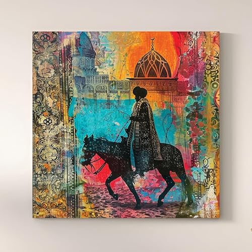 Image of Royal Horse Rider Stretched Canvas Wall Art Painting for Living Room | Colorful Ethnic Abstract Horse Painting | Vintage Cultural Wall Decor for Home & Office, 22x22 Inch