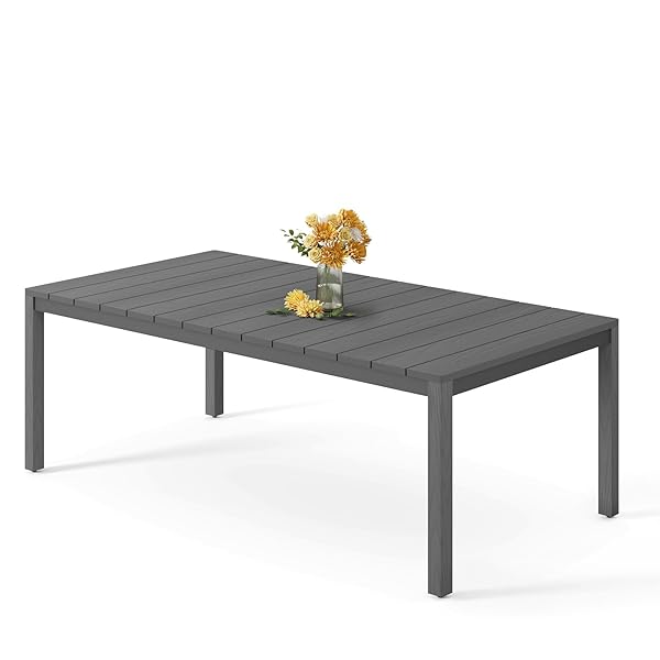 Stoog All-Weather Patio Dining Table for 6, Outdoor HIPS & Aluminum Frame Dining Table with 350 lbs Weight Capacity, Umbrella Hole, Grey