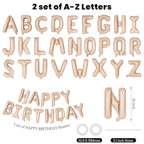 Image of 65 Pcs Caramel Happy Birthday Balloons, 2 Sets A-Z Caramel Letters Foil Balloons, 16 Inch Personalized Name Happy Birthday Banners for Wedding Baby Shower Anniversary Party Decorations
