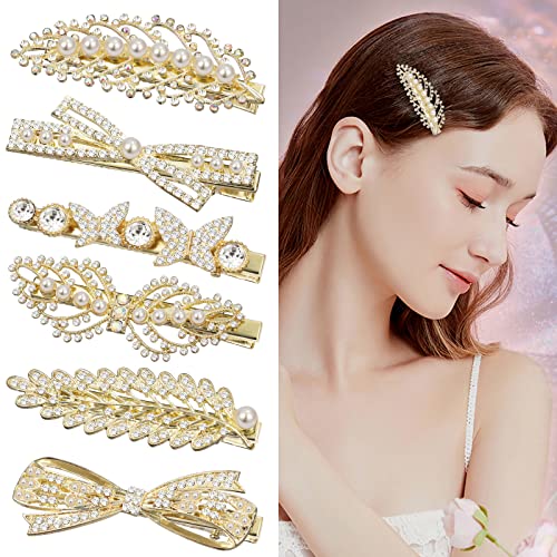 Pince Cheveux Femme Fille Barettes Cheveux Strass Perle Barrette Cheveux Metal Alliage Pince A Cheveux Papillon Paillette Crocodile Epingle Cheveux Vintage Accessoire Cheveux Mariage, 6 PCS Cover
