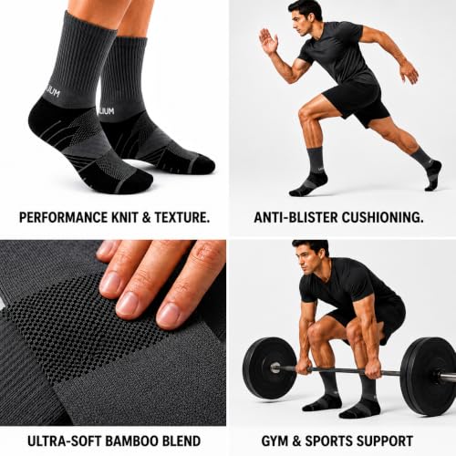 Image of HEELIUM Bamboo Athletic Crew Socks for Men & Women | 3X Tougher & Durable, Ultra Soft & Blister Resistant | Perfect for Gym, Sports & Long Distance Running