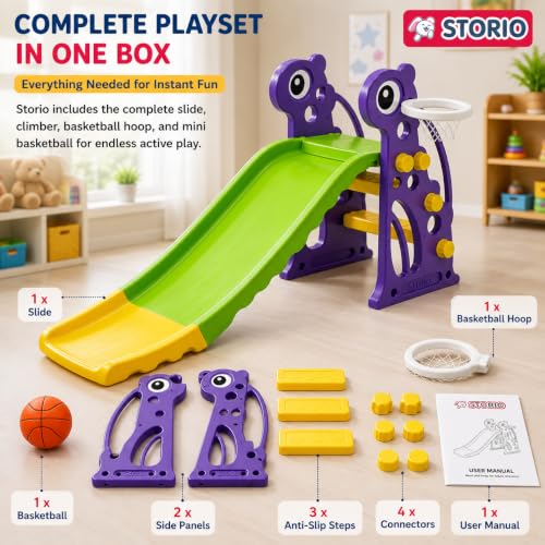 Image of Storio Giraffe Slide for Kids with Basketball Hoop | Indoor Outdoor Toddler Climber Playset for 2+ Years | Safe & Sturdy Plastic Garden Slide Toy for Boys & Girls - Green Purple Yellow