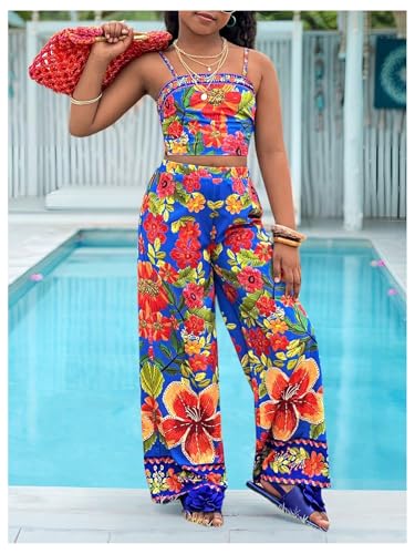 Image of Floerns Girl's 2 Piece Outfit Hawaiian Tropical Crop Cami Tops and Boho Pants Set