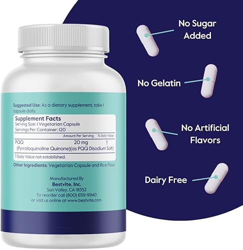 Miniatura 3 de BESTVITE PQQ 20 mg (pirroloquinolina quinona) (120 cápsulas vegetarianas) - Sin estearatos - Vegano - Sin OMG - Sin gluten