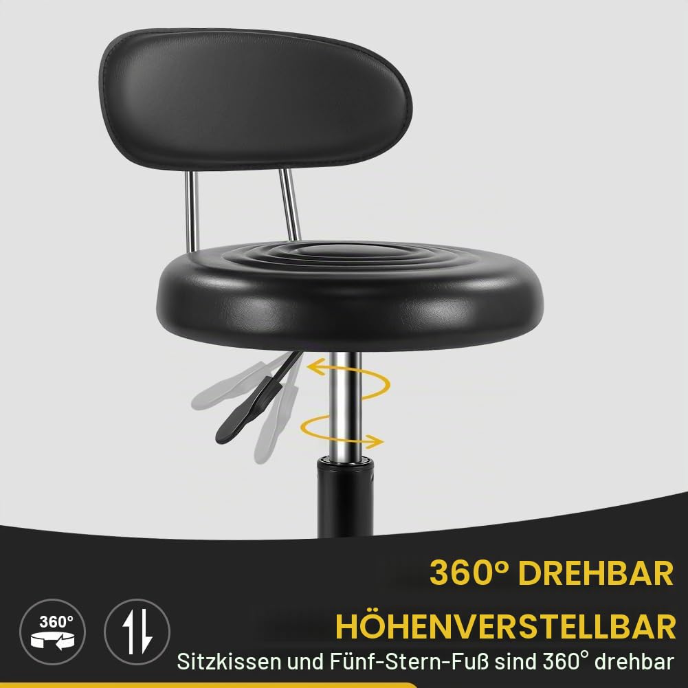 WKWKER Rollhocker mit Rädern Drehhocker mit höhenverstellbarer Rückenlehne PU-Leder-Rollhocker, ideal für SPA-Salon, Home-Office-Zeichenarbeiten (Schwarz)