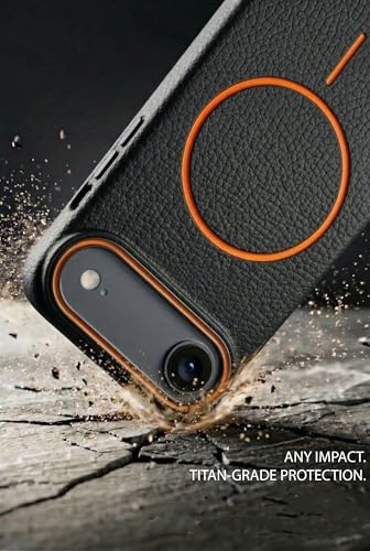 Image of amazon basics Luxury MagSafe Compatible Leather Texture Back Cover for iPhone 17 Air | Raised Camera Protection | Slim Fit Shockproof Case with Metallic Accents (Black)