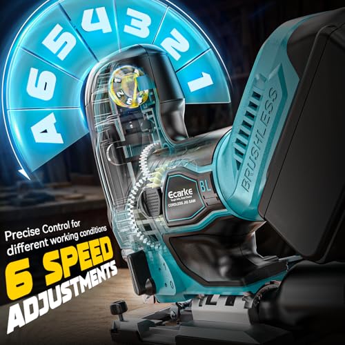 Image of Ecarke Cordless Jig Saw Compatible With Makita 18V Battery, Brushless Motor 3800RPM, 7 Speeds Dial Control, Free-Tool ±45 Bevel Cuts, 4 Orbital Action, Dust Blows and 6 Blades For Cutting, Tool Only