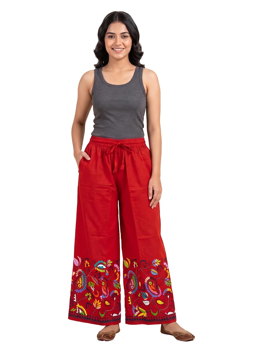 Women's Hand Embroidered Kantha Stitch Cotton Palazzo with Pocket (Red- 0626022; Free Size)-image-36