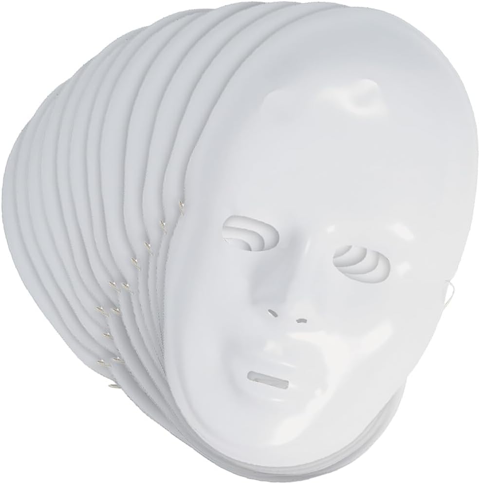 DIY White Plastic Face Masks (6" x 9", Pack of 12) - Ideal for Mardi Gras & Clown-Themed Parties