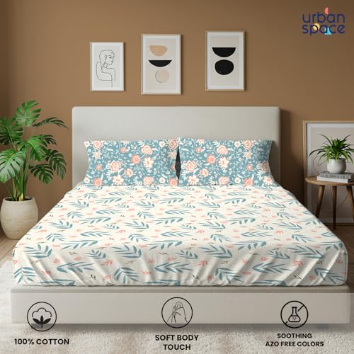 Image of Urban Space Divine 100% Cotton King Fitted Size Bedsheet, 144 TC Super Soft Elastic bedsheets for King Size Bed, Floral Design King bedsheet with 2 Pillow Covers (72 inch x 78 inch, Raina Blue)