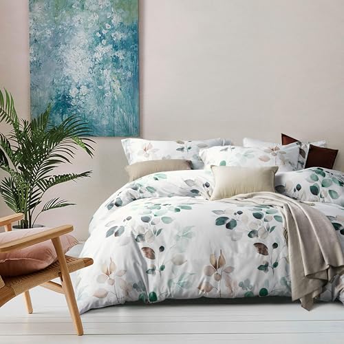 MILDLY 100% Long-Staple Cotton Duvet Cover Set Teal Blue Green Leaf Pattern Printed Comforter Cover 3pcs, Ultra Soft & Breathable Bedding Set