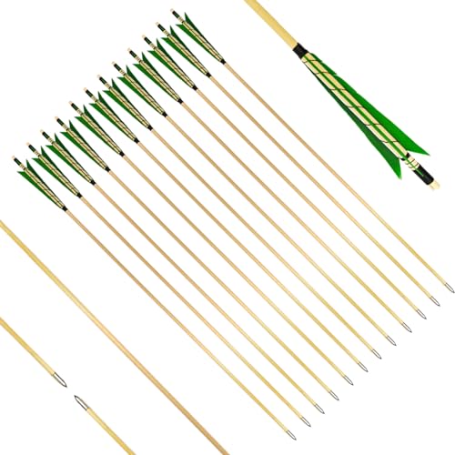 XTCXCARCHERY 32' Archery Wooden Target Practice Arrows with 5.9' Medieval Turkey Feather Fletching for Recurve &English & Traditional Longbow Hunting (Pack of 12) (Green)